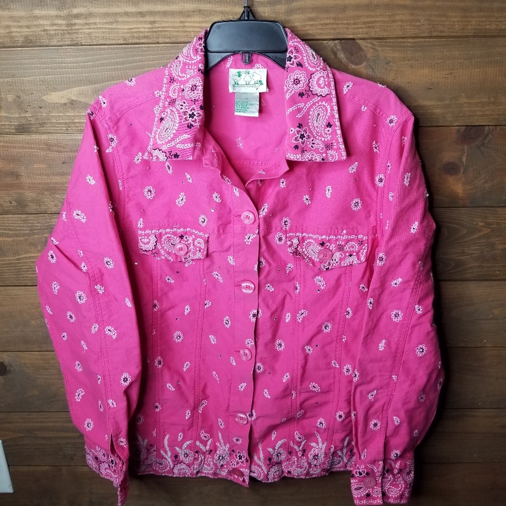 Vtg Quacker Factory Faux Denim Pink Bandana Sequined Bling Jacket Sz Lg